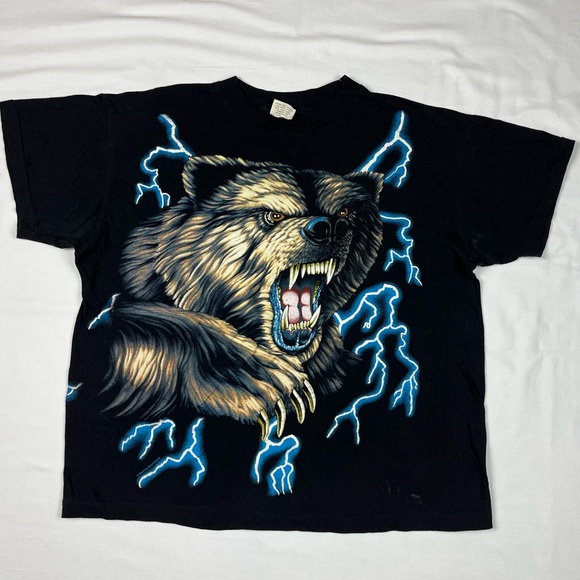 Caribbean Dream Other - Vtg American Thunder Mens Grizzly Bear T-Shirt Large Double Sided Lightning B2